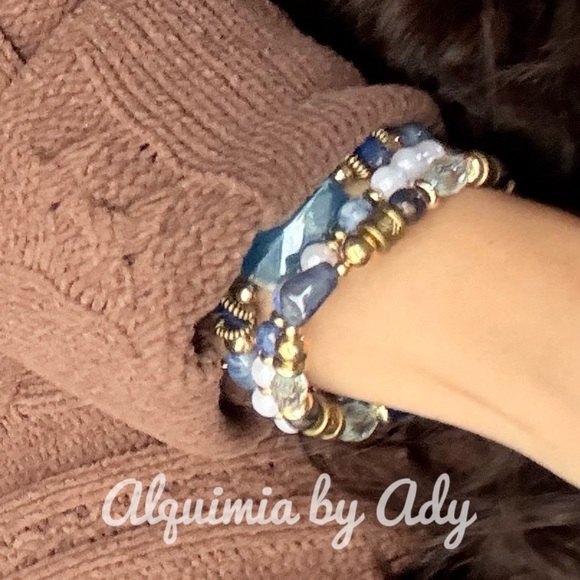 Blue nd god Apis lazuli statement bracelet set stack trio